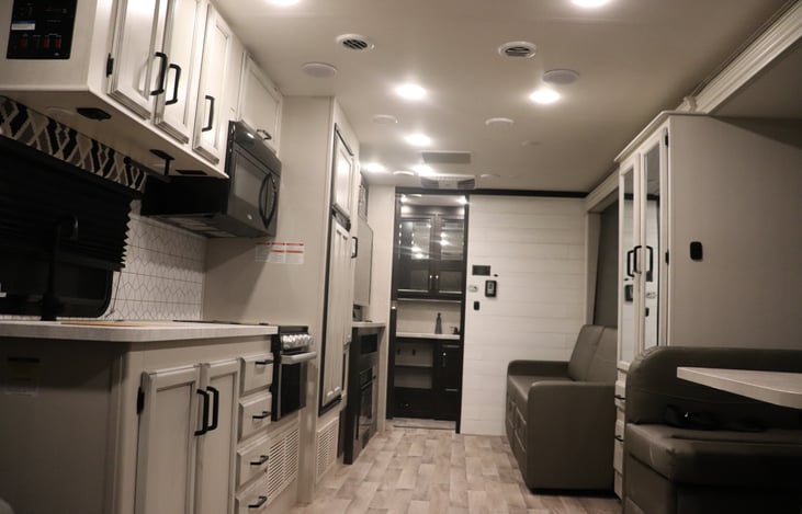 Inside view with slide extended and murphy bed up