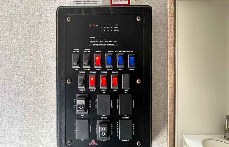 Interior breaker panel with labeled 120V circuits and 12V fuses for safe and easy power management.