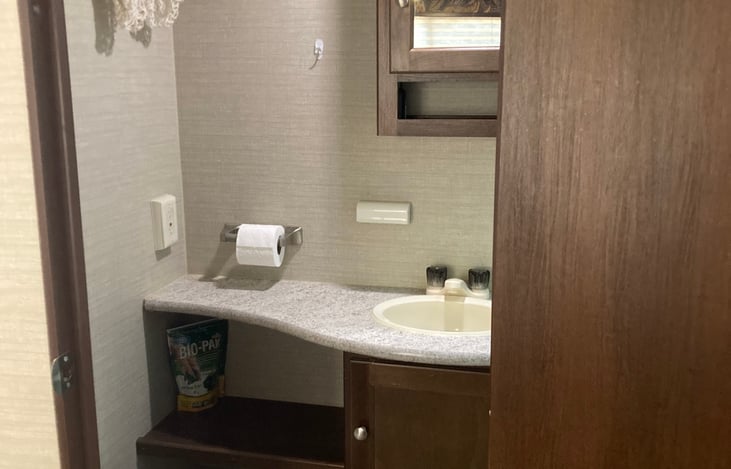 Bathroom, with sink, shower, toliet.