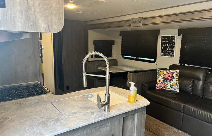 Spacious living area and kitchen.