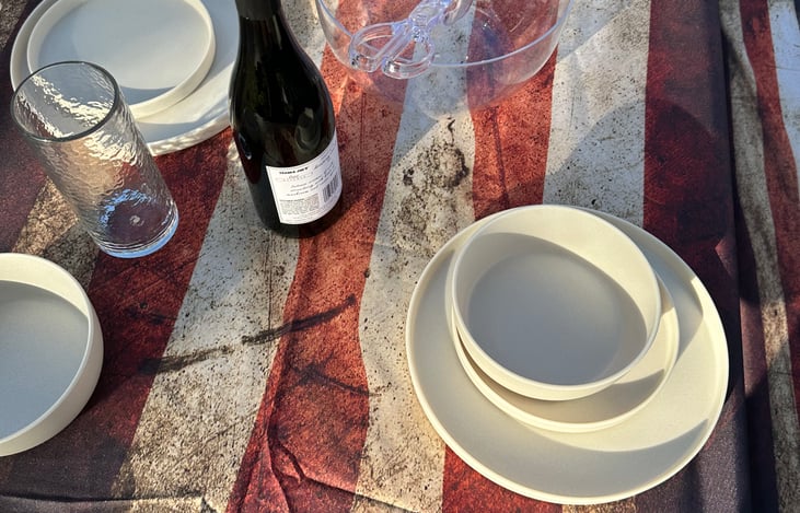 Gotta have the PATRIOTIC swag while camping.  vintage flag fitted table cloth and seat covers.  included with trailer rental.