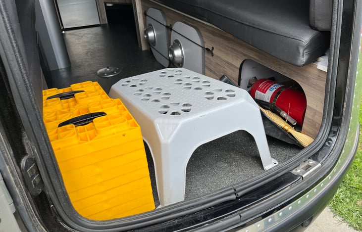 Leveling blocks, stool, upgraded fire extinguisher, hand broom and dust pan