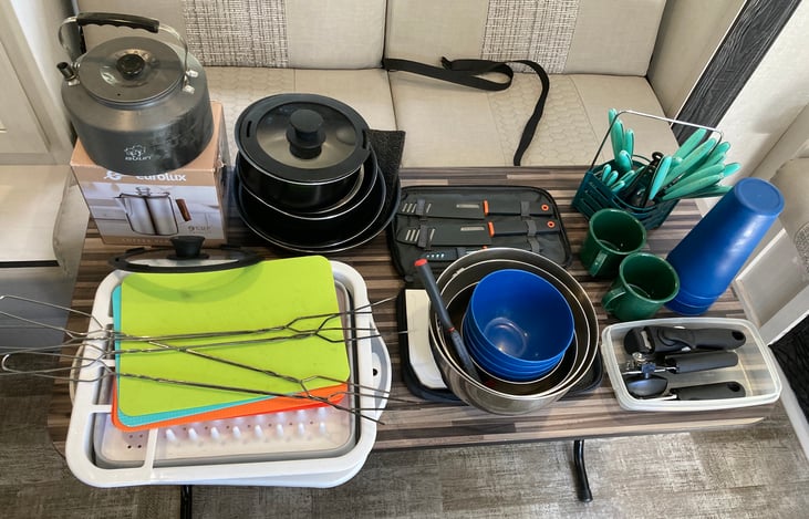 Kitchen comes stocked with all your cooking needs, including campfire marshmallow poles.