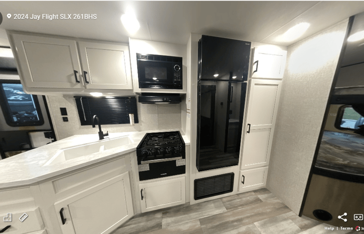 Stock Photo-double sink, fridge/freezer, 3 burner stove/oven, pantry for lots of storage