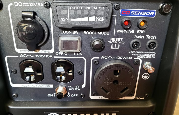 Optional Yamaha 2200 watt generator used for dry camping at festivals, tailgating, etc. that easily runs the room AC. Direct outlet for 30 amp power cord.