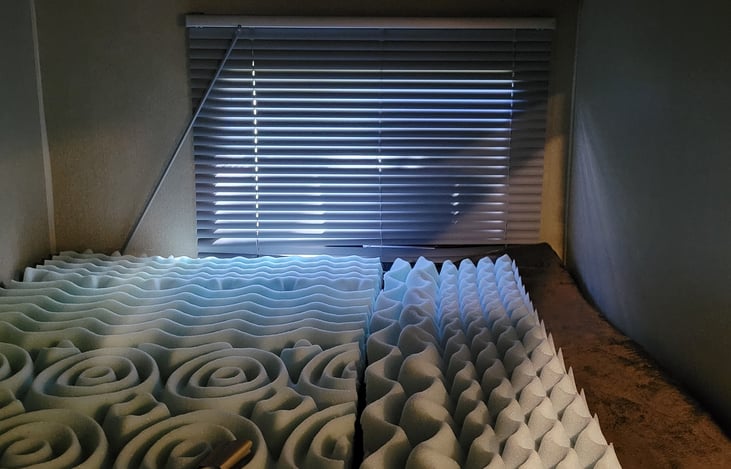 Bottom bed of the bunk beds. Has a blind that help block out most of the outside lights.