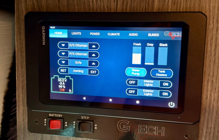 Move your sofa, ottomans, awning as well as turn on/off all of your exterior lights and monitor your tank levels right from your Garmin touch screen inside the RV