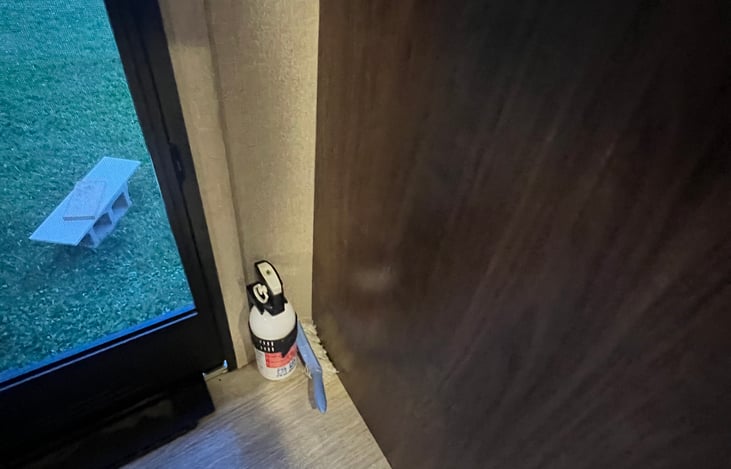Fire extinguishers, by the kitchen door.
