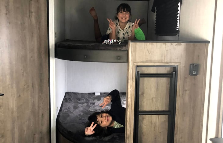 Double size bunk bed. Can sleep up to 4 adults (two per bed). Fits 4 children very comfortably.