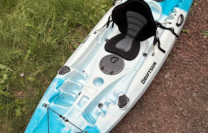 Driftsun Teton 120 T Tandem Kayak has two supported seats, multiple foot holds, two dry holds and four fishing pole holders.