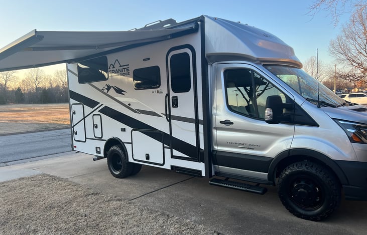 Large Awning which auto retracts if win is excessive.