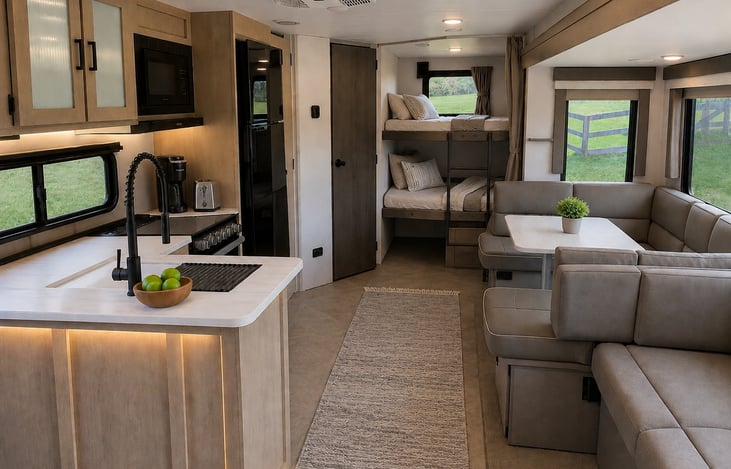 Spacious living room with slide out gives you plenty of room to sit around the table. The table also converts into a queen size bed. There is tons of bin storage under every seat!