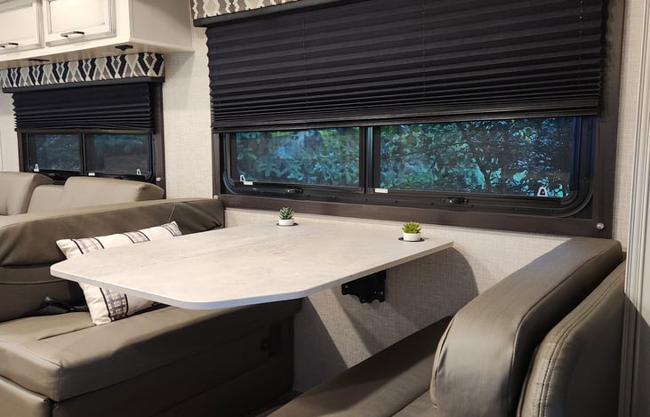 Pleated back-out shades throughout RV