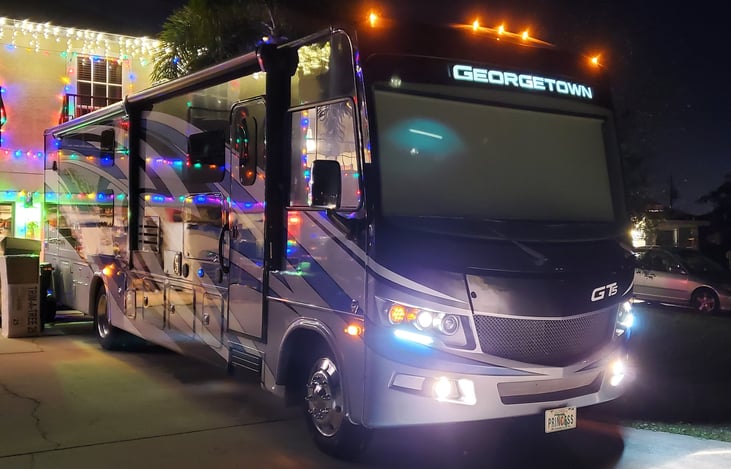 At night with running lights, fog lights, and LED lights.