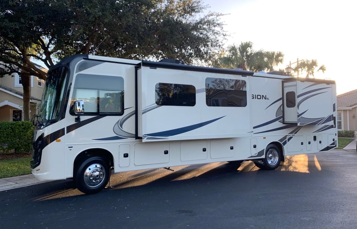 Drivers side exterior view with slide outs extended.