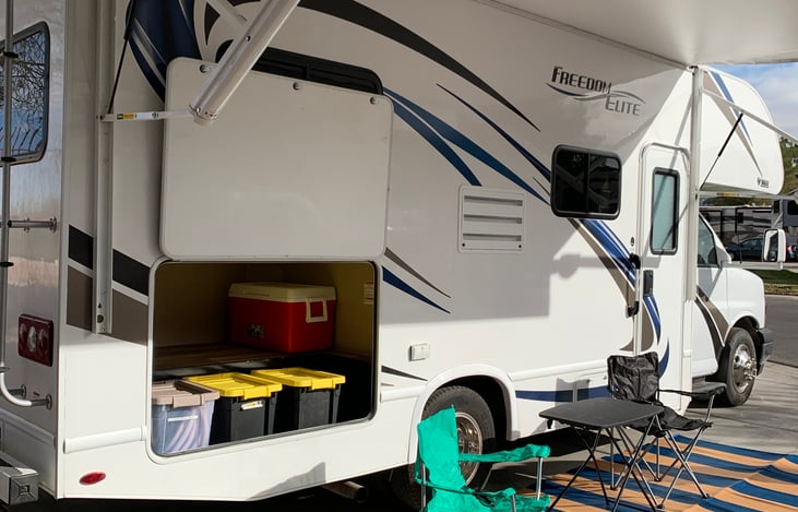 Roomy outdoor storage for your outdoor storage needs can fit coolers, luggage, or grills. Additonal camping equipment included, see our add-ons list.