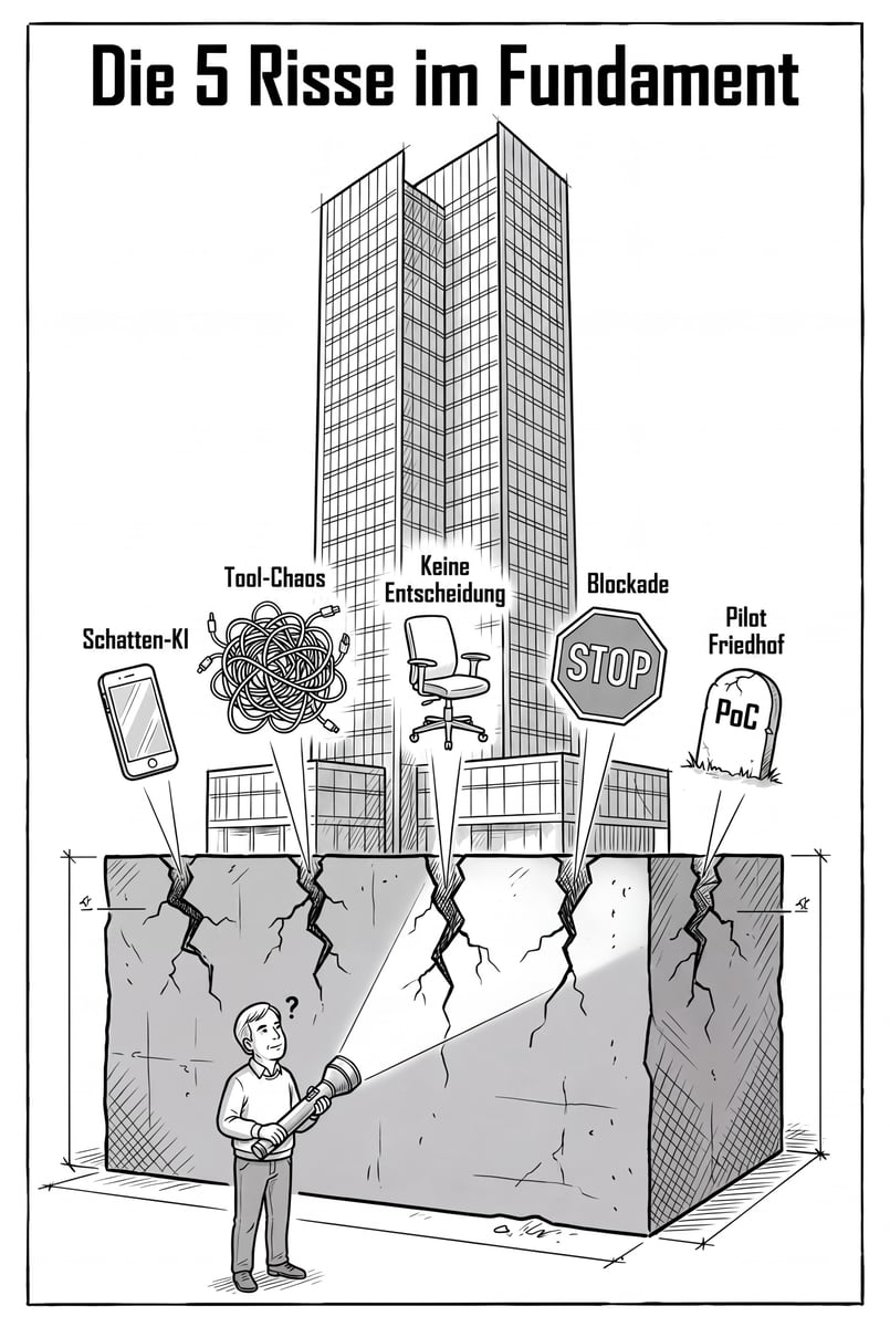 Illustration: Ein Hochhaus auf einem gerissenen Fundament mit fünf beschrifteten Rissen, darunter Schatten-KI, Tool-Chaos und Pilot-Friedhof.