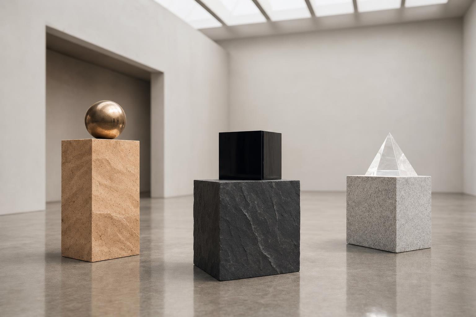 Minimalistische Galerie mit drei Stein-Pylonen — bronzene Kugel auf warmem Sandstein, schwarzer Obsidian-Würfel auf Schiefer, Kristall-Pyramide auf Granit