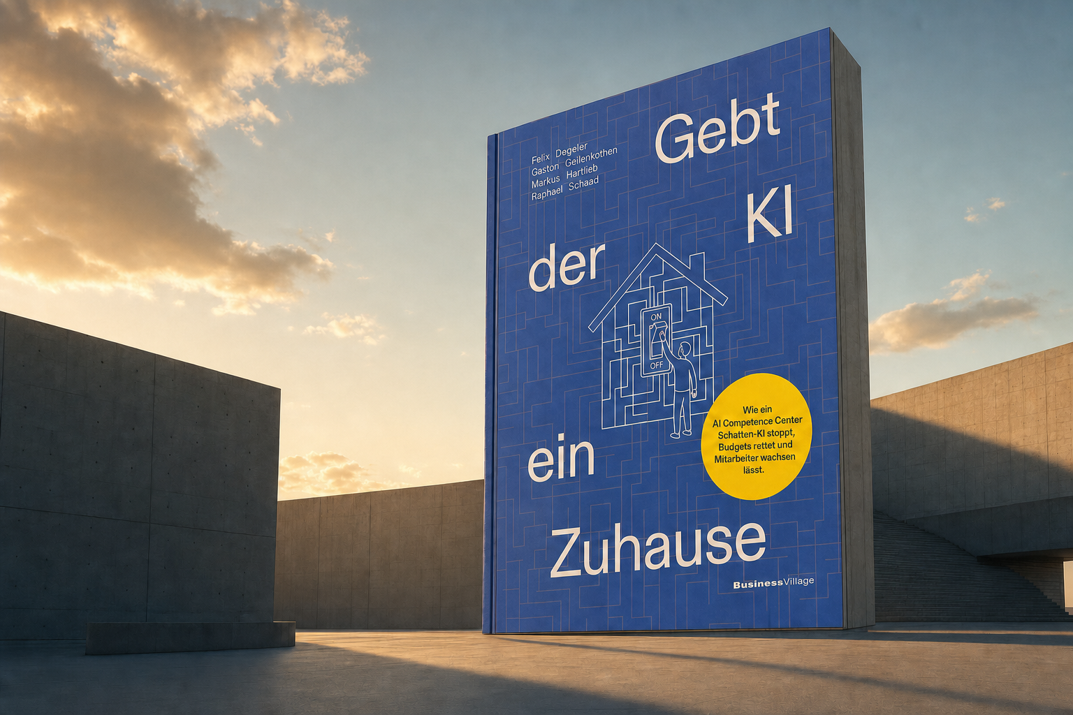 Buch als gigantischer Beton-Monolith in einer minimalistischen Plaza bei Golden Hour, cinematische Architekturfotografie.