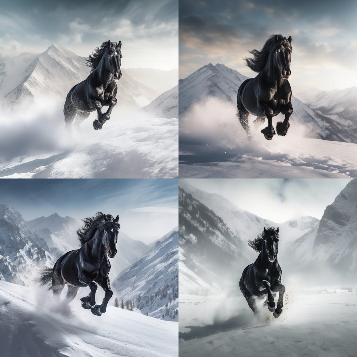 Midnight Gallop: A Dramatic Snowy Mountain Scene.
