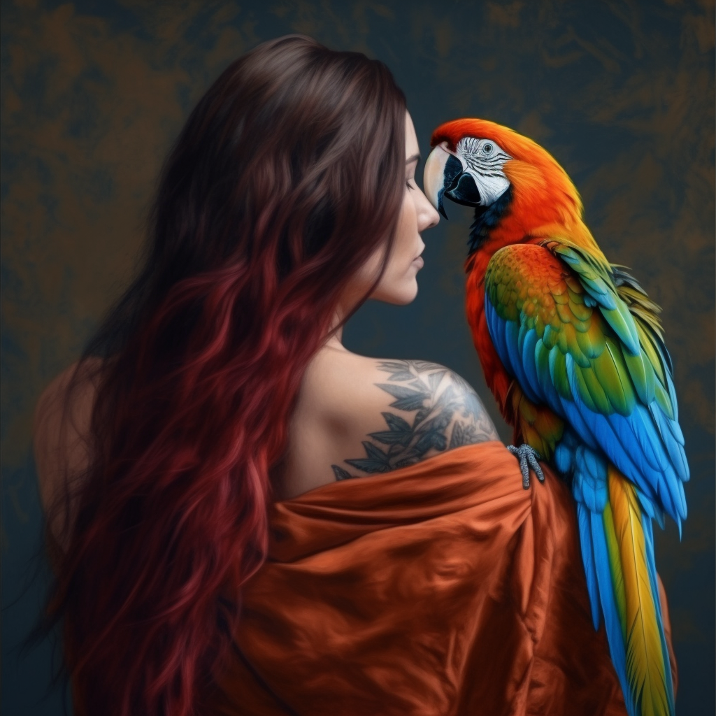 Harmonious Encounter: Woman and Macaw in Hyperrealistic 4K