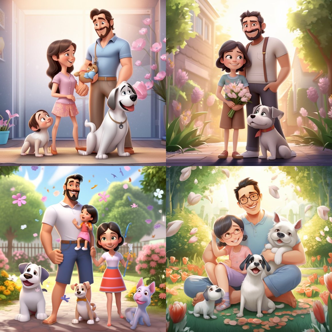 Disney-style 3D Family Portrait in a Flower Laden Macaroon Store Scene