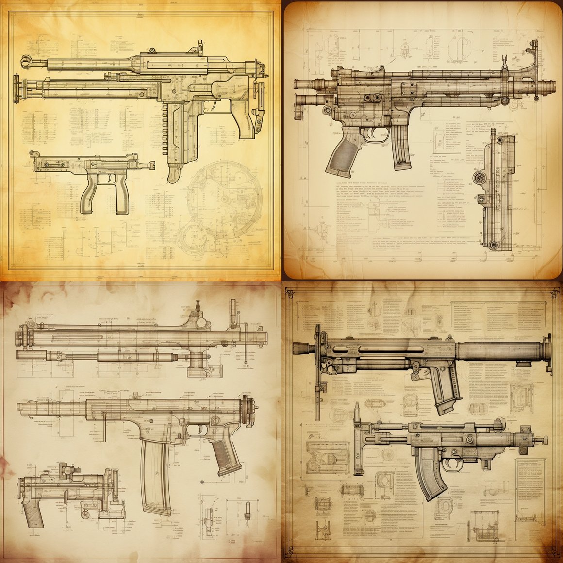 1938 Thompson Submachine Gun Technical Diagram on Aged Parchment - Illustration Task