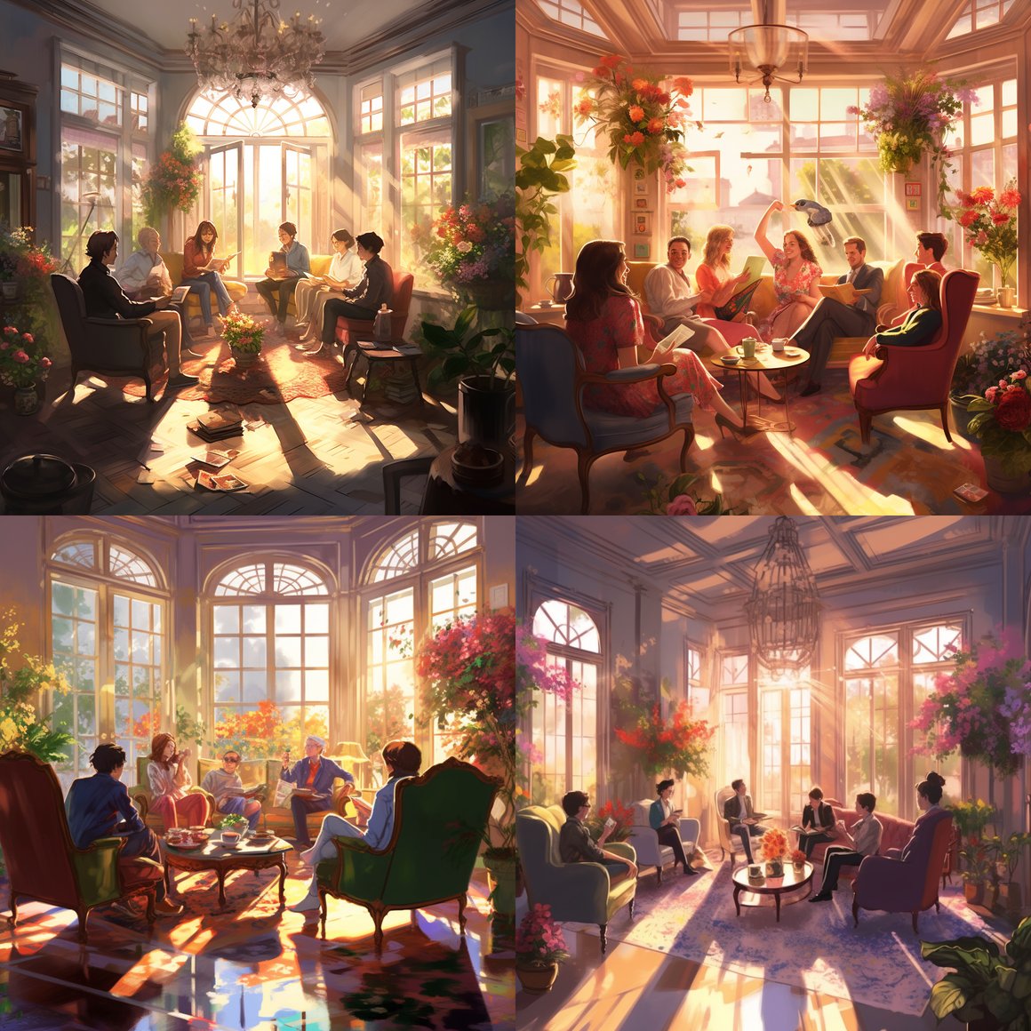 Midday Tea Party in a Sunlit Blossomed Room
