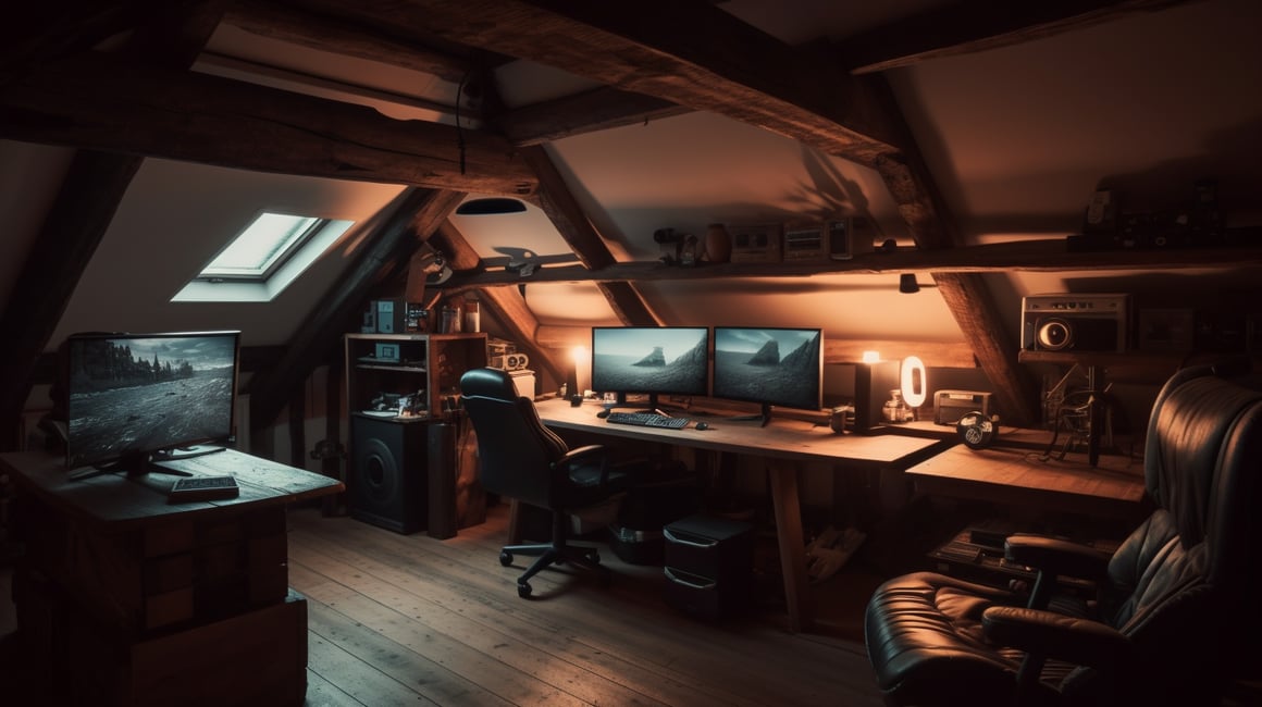 Midnight Gaming Session in Overcast Attic Room