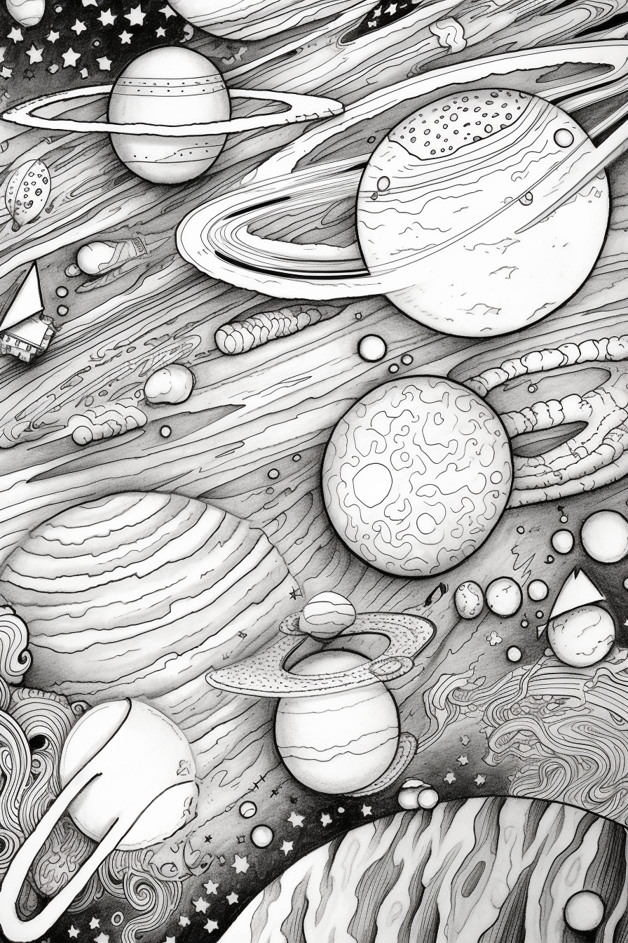 Retro Space-Themed Adult Coloring Book Page