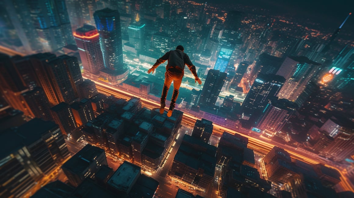 Neon Nights: A Mid-Air Odyssey Over the City