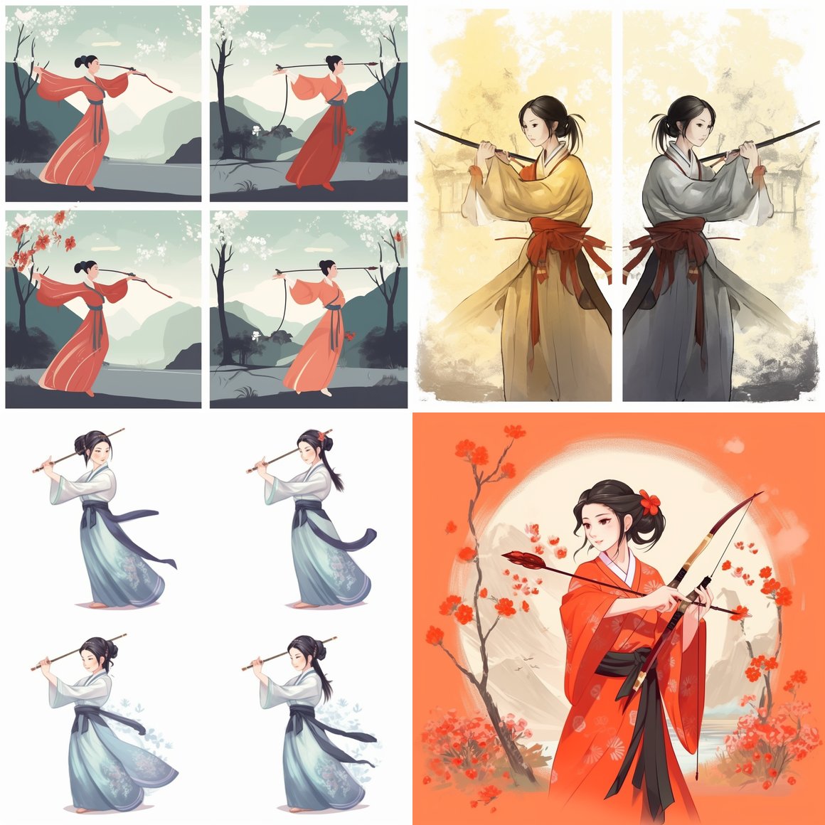 Chinese Archeress in Hanfu Sequence Illustration