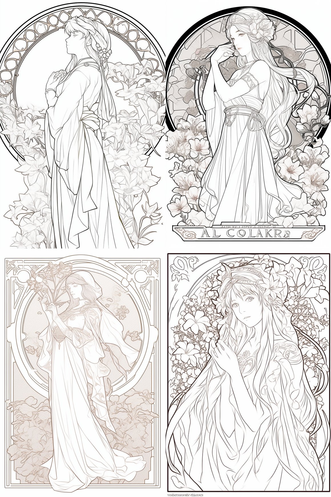 Clean Line Art for 'Sakura' by Alfons Mucha Coloring Page