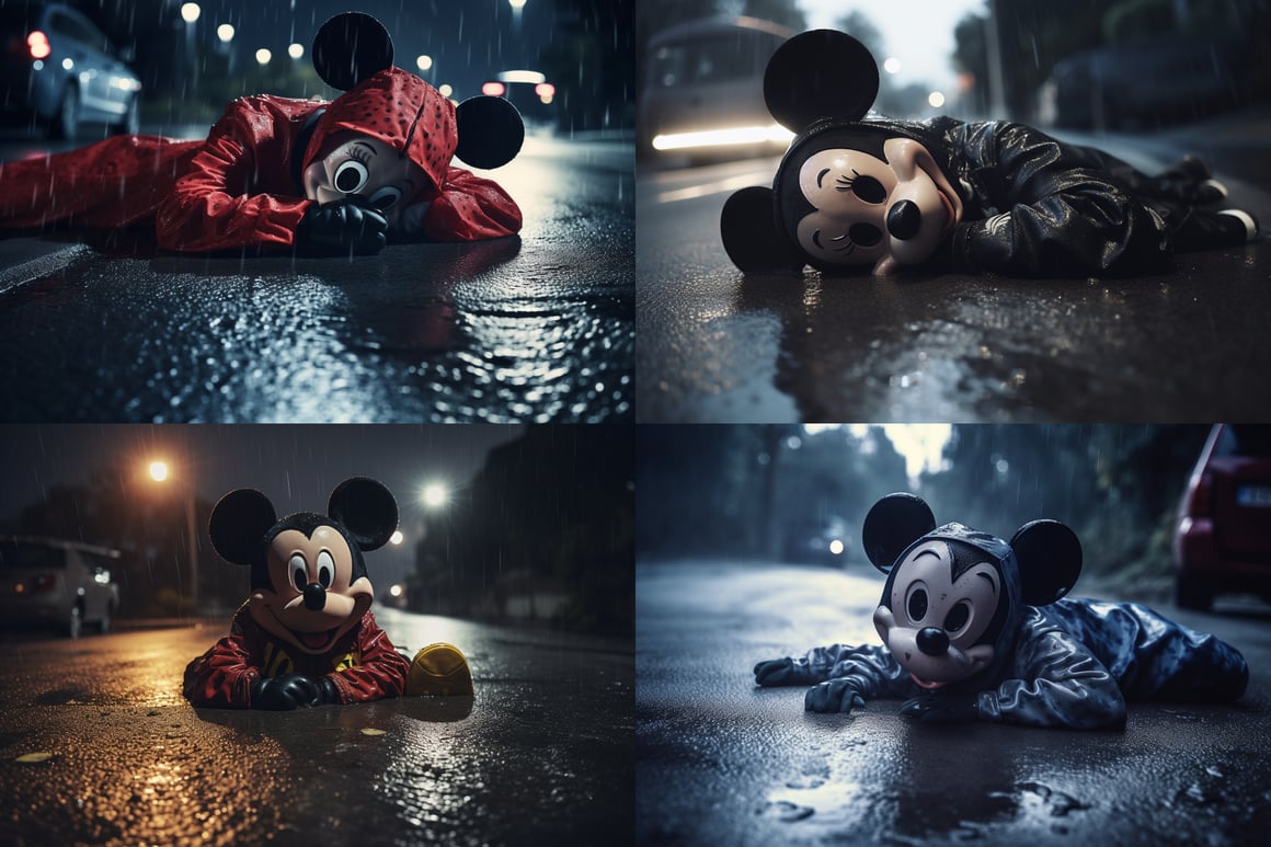 Desolation in Fantasy: A Stricken Mickey under Rain