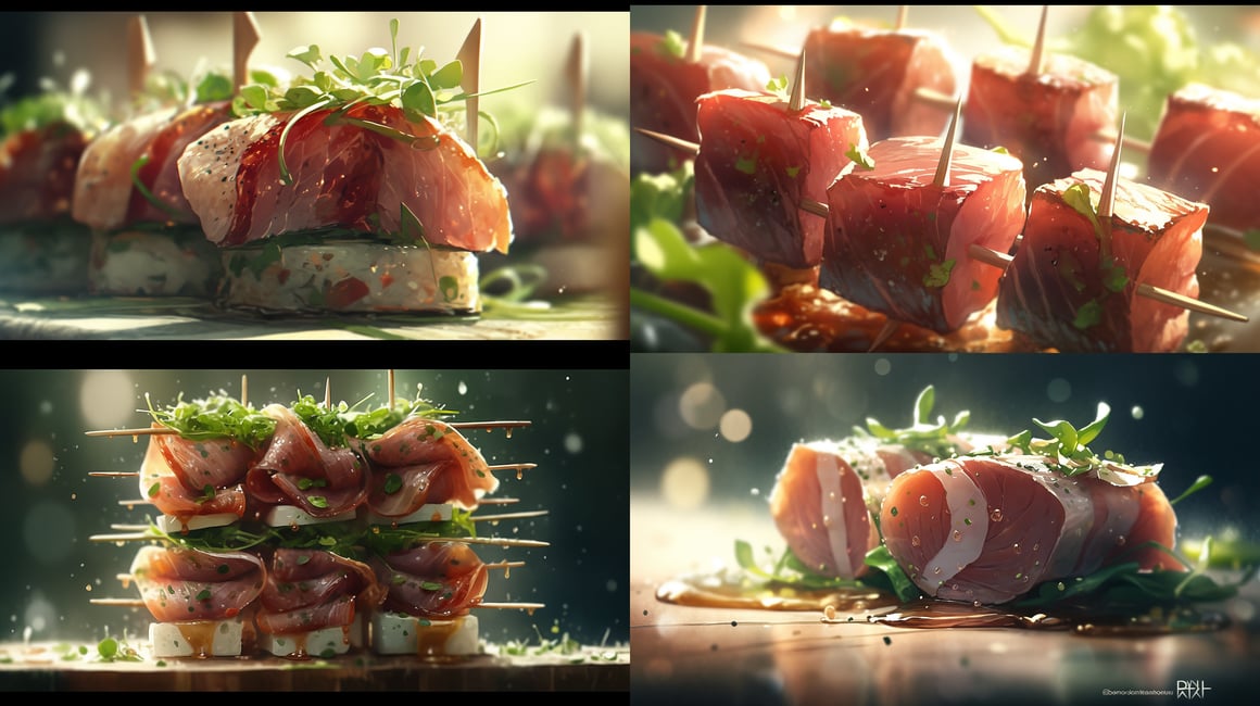 Cinematic Macro Photography of Duck Ham and Arugula Skewer