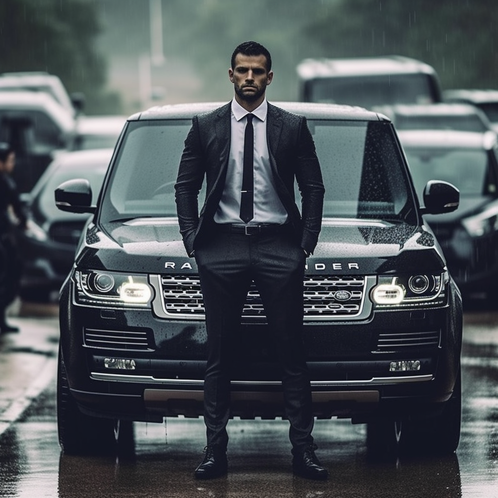Successful Man with Luxury Vehicle in Rain