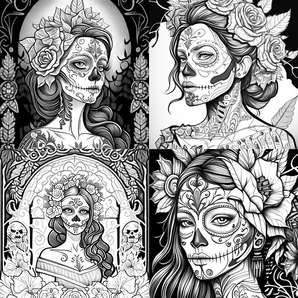 Detailed Dia de Los Muertos Adult Coloring Pages