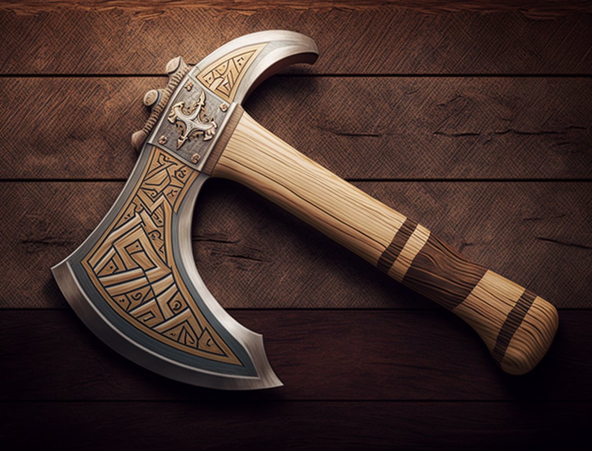 Hand Drawn Dwarven Axe on Wooden Background Art Prompt