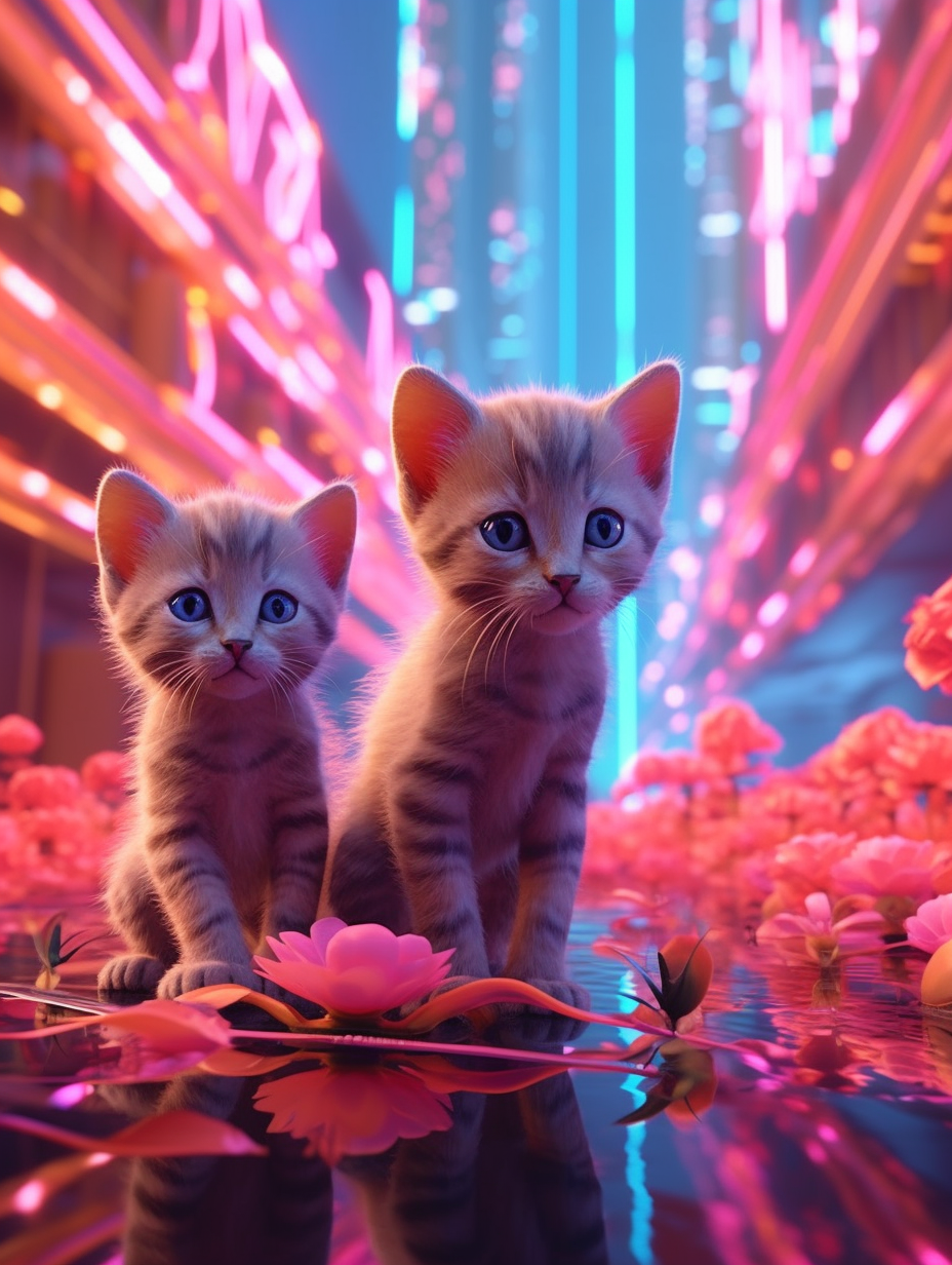 Neon Kittens Adventure in a Futuristic City Scene - 3D Render V5