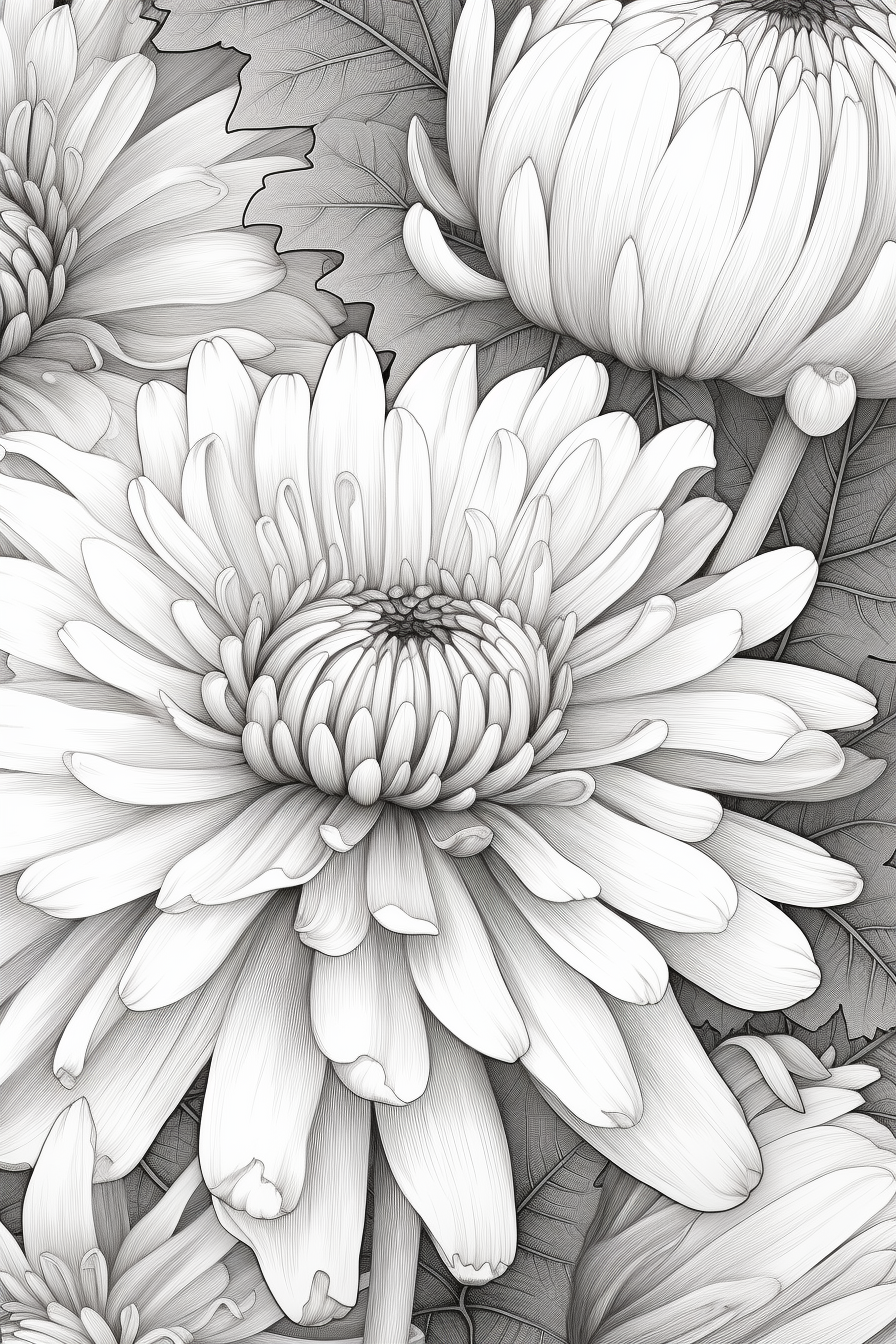 Chrysanthemum Fine Line Art Coloring Page - Mid Journey Prompt