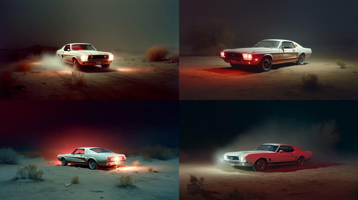 Dessert Nightfall: 1975 Mustang Under a Hazy Midnight Sky