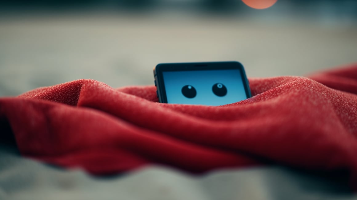 Summer Beach Vibes: Smiling Smartphone on a Red Blanket