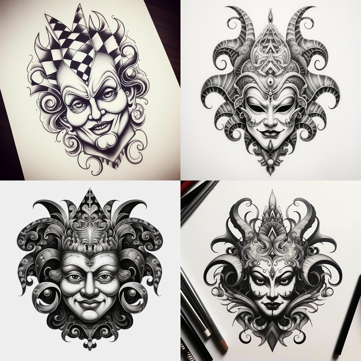 Hanya Jester Mask: A Black and White Tattoo Journey