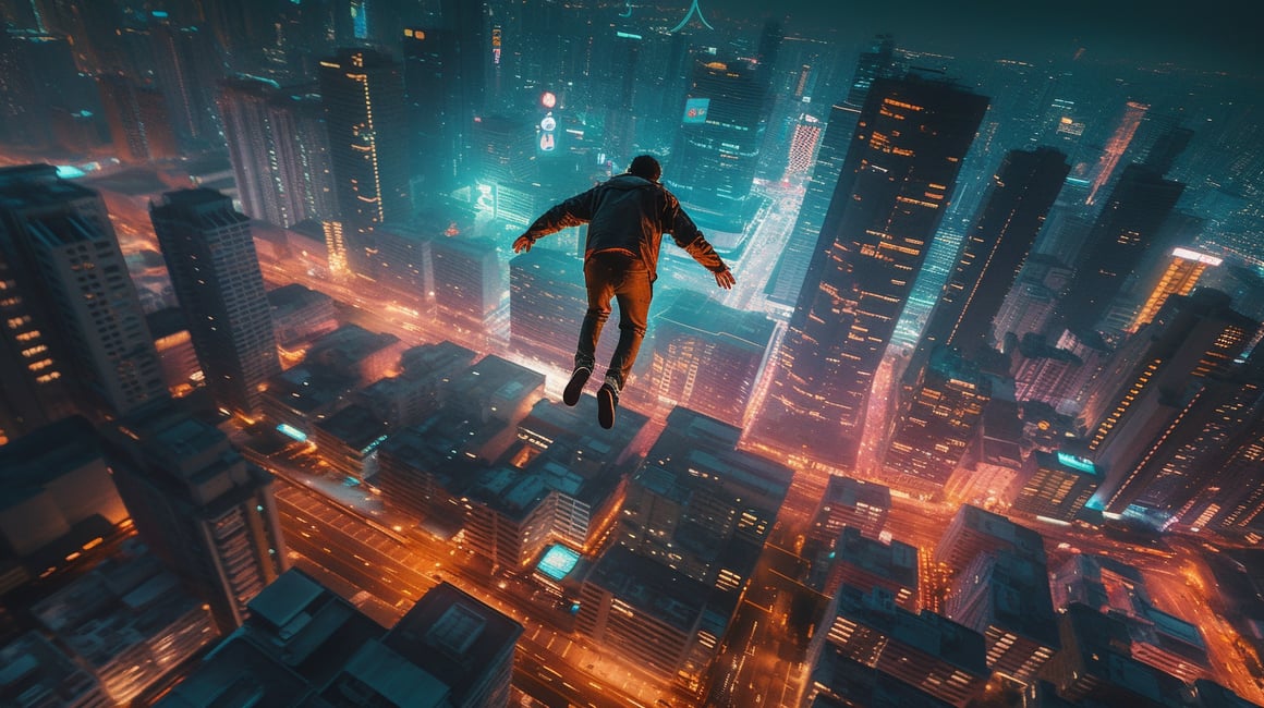 Neon Nights: A Mid-Air Odyssey Over the City