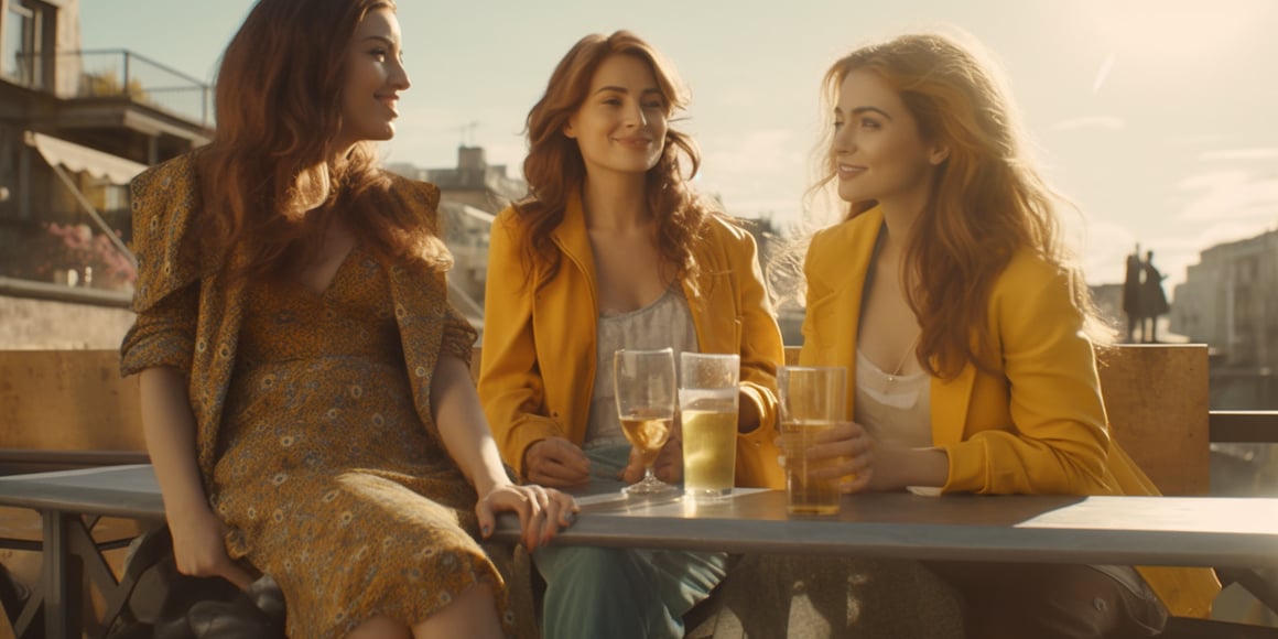 Cinematic Mid-Journey Screenshot from Mike White's 'Three Women Drinking Beer at an Urban Rooftop'