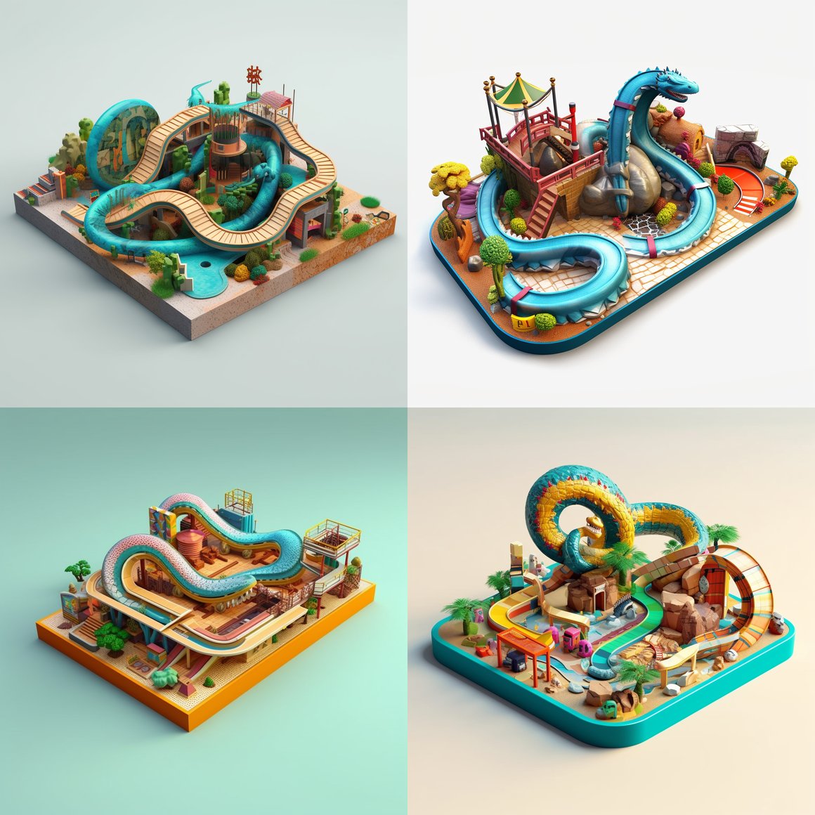 U-Shaped Fingerboarding Table at Waterpark with Giant Snake Monster Illustration