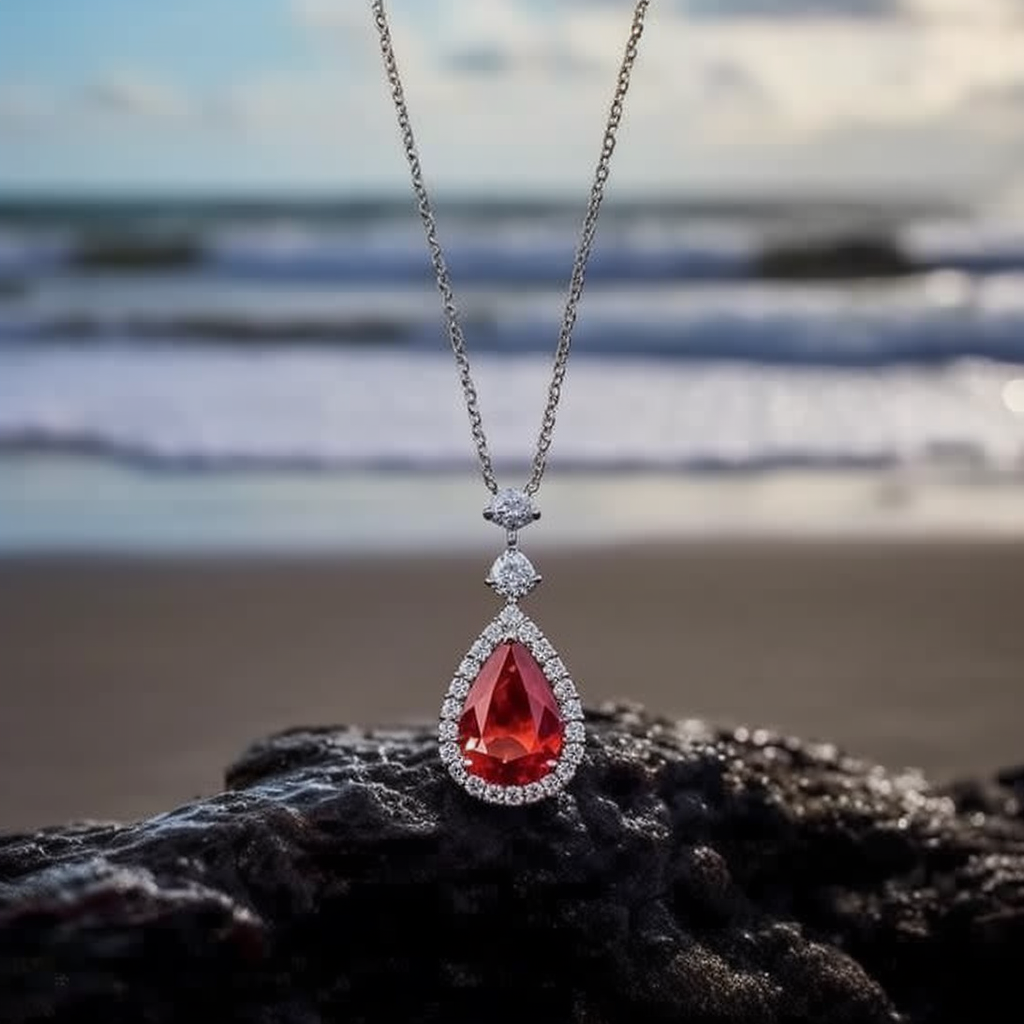 Aromatic Ruby Necklace against a Sunset Beach Backdrop