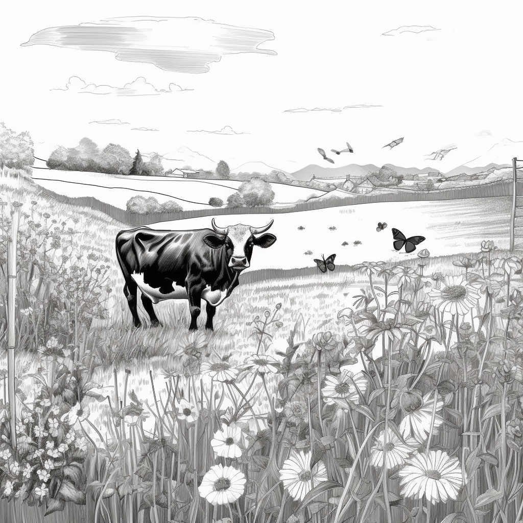 Detailed Line Art of Grazing Cows