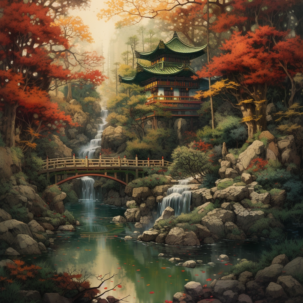Retro Japanese Culture Structure Painting in Forest Creek - Version 5