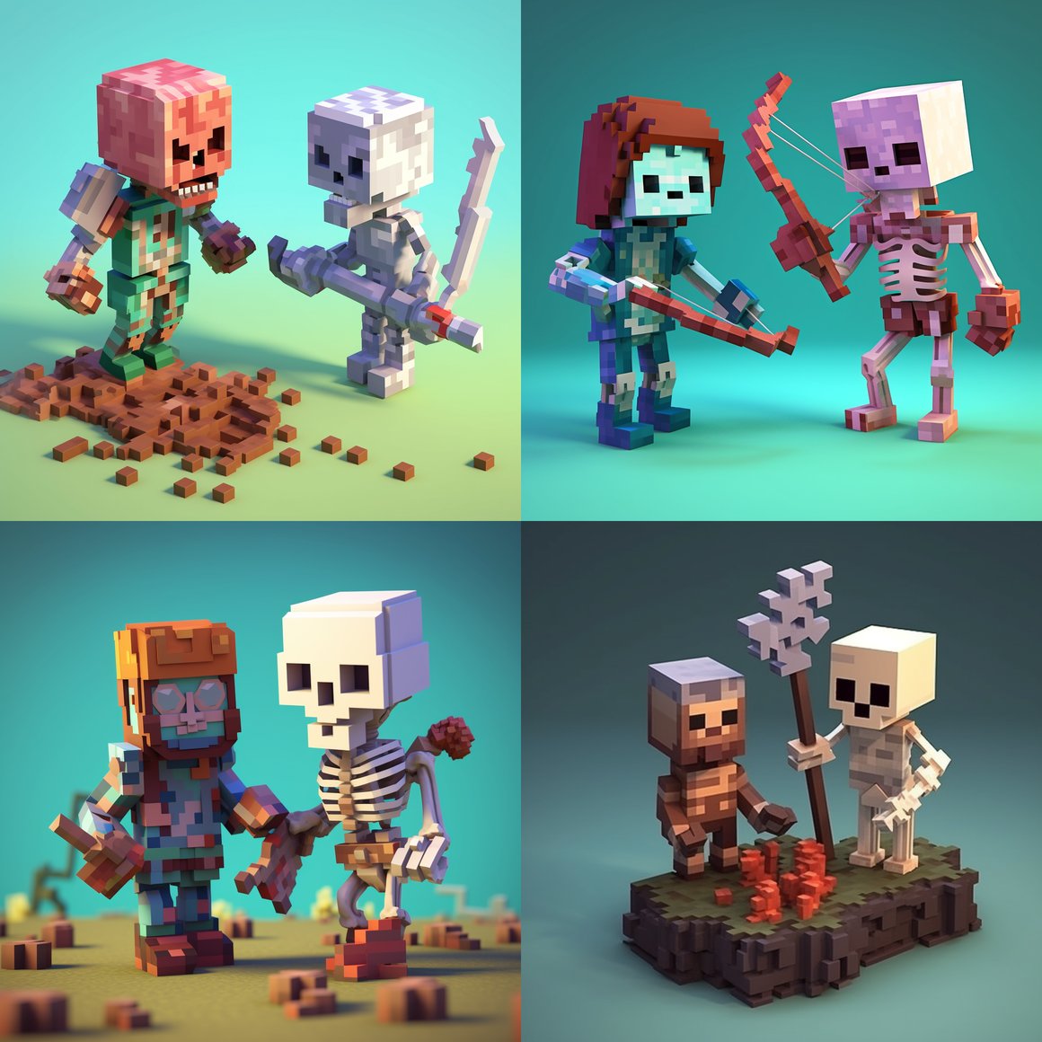 Skeleton Archer & Zombie in Minecraft Voxel Style